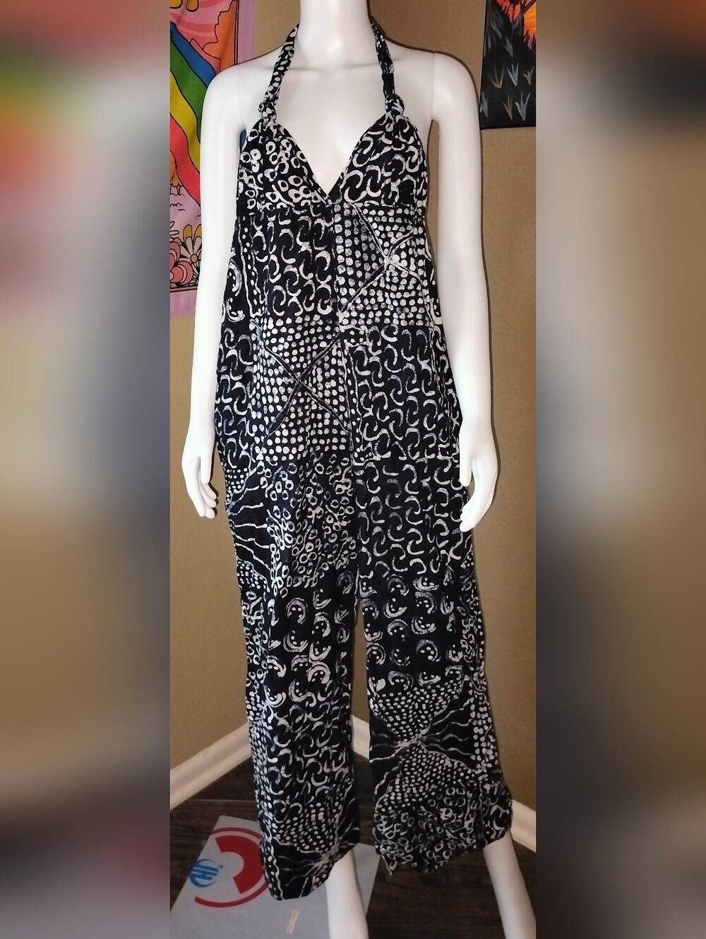 Elegant Black and White Cotton Halter Jumpsuit Sz S